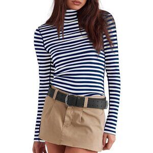 Women's Undershirts Dark Blue White Striped Long Sleeve Ribbed Slim Top Tees